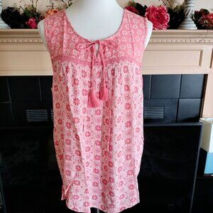 Indigo GNW Coral Boho Print Top L Crochet Detail Sleeveless Woven Tassels